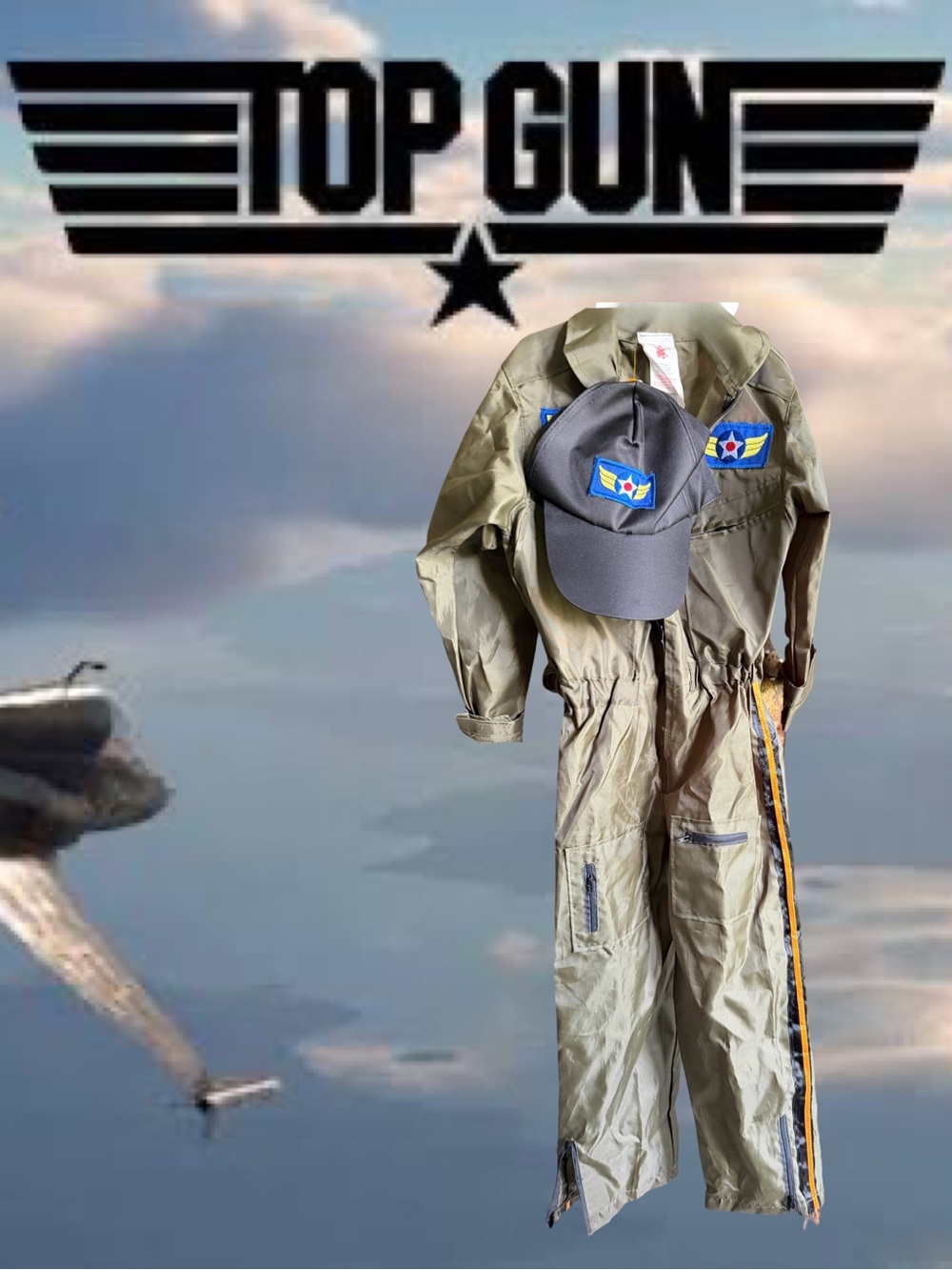 Top Gun Flight Suit Jumpsuit with Patch Cap - Olive Green Boys Size Medium